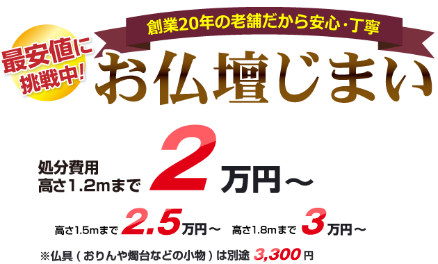 業界最安値！お仏壇じまい® お処分費用高さ1.2mまで2万円（税込）